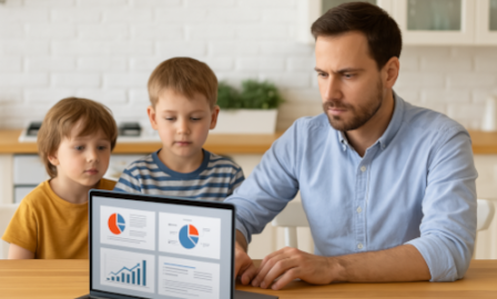 A focused man working on a PowerPoint presentation with two young boys beside him observing the laptop screen.