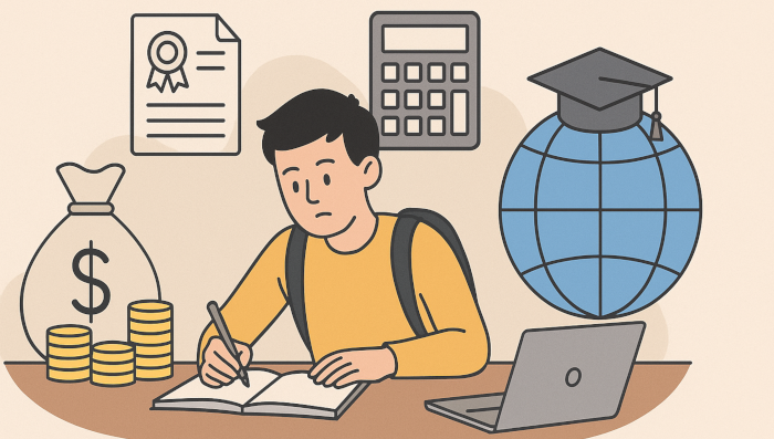 Student managing international education finances with globe, scholarship, and money icons.