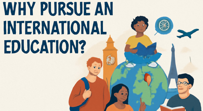 Diverse students around a globe with landmarks asking about international education.