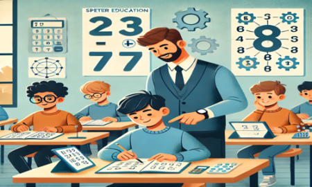 A teacher assisting students with a special education math curriculum using adaptive tools and visual aids.