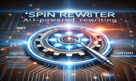 Spin Rewriter AI-powered tool transforming text with a futuristic digital interface.