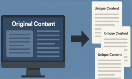 An image showing a digital content spinner tool with articles being rewritten into multiple versions.