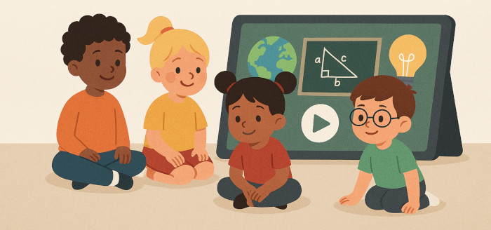Children watching educational videos for kids on a tablet showing math and science icons.