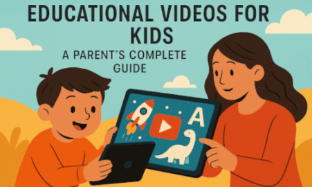 Parent and child watching educational videos for kids on a tablet outdoors.