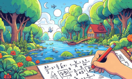 Daily life scene with everyday mathematics examples: grocery receipt, clock angles, measuring fractions.