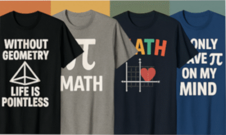 A cheerful teacher wearing math-themed apparel featuring equations and geometric patterns, standing in front of a chalkboard filled with formulas.