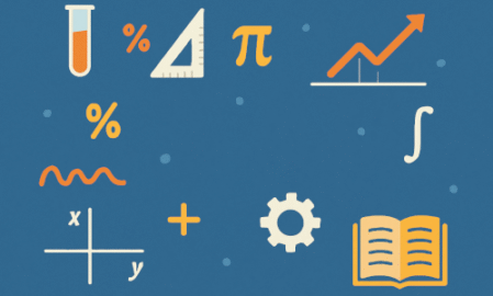 Colorful icons representing todays mathematics on a blue background.