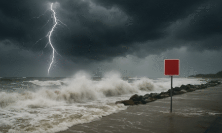 A dramatic coastal scene showing powerful waves crashing over a flooded shoreline under dark storm clouds and lightning, visually representing conditions related to a coastal flood advisory.
