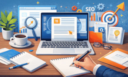 A landscape digital illustration representing content writing, showing a laptop on a wooden desk surrounded by notebooks, a coffee cup, plants, and SEO-related icons.