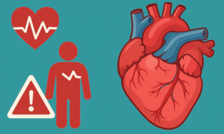 Illustration showing a human heart, heart attack warning icons, and cardiology symbols on a teal background representing heart attack symptoms, risk factors, and prevention