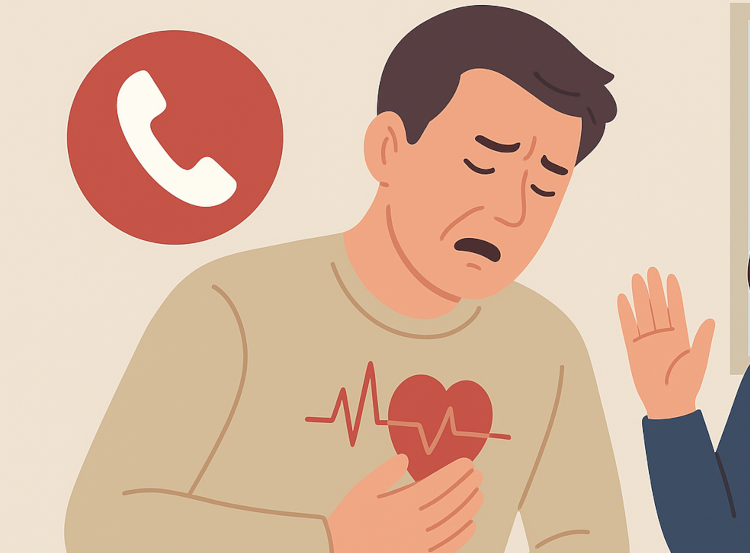 An adult clutching their chest in pain while another person calls emergency services, illustrating the immediate steps to take during a heart attack